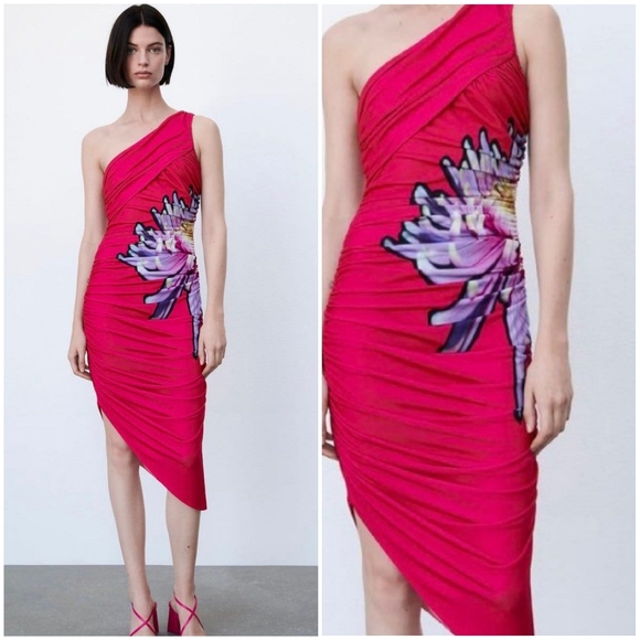 NWT Zara Side Flower Pink Draped Dress, Size S - Picture 6 of 15